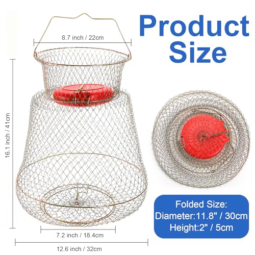 Bekith 2 Pack Galvanized Steel Wire Fish Basket, Collapsible Fishing Basket, Portable Wire Fish Basket Outdoor Use