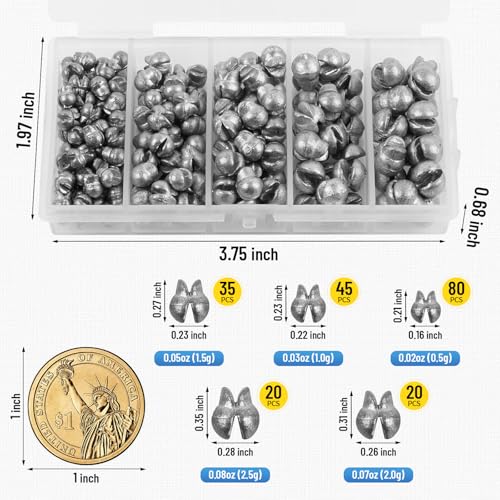 Caleb 200/320Pcs Split Shot Fishing Weights Sinkers, Removable Lead Fishing Weights, Premium Duckbill Reusable Fishing Sinkers for Freshwater Saltwater Bass Trout Fishing Accessories - 5/6 Sizes - size: Duckbill-200PCS