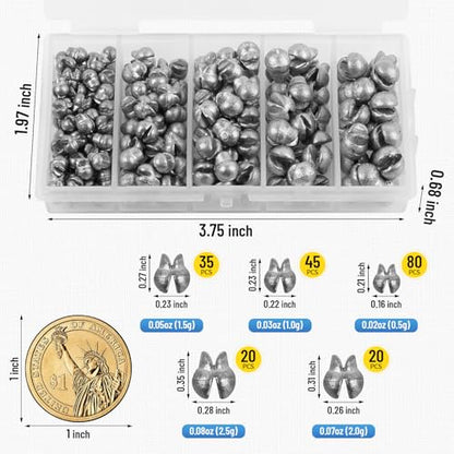 Caleb 200/320Pcs Split Shot Fishing Weights Sinkers, Removable Lead Fishing Weights, Premium Duckbill Reusable Fishing Sinkers for Freshwater Saltwater Bass Trout Fishing Accessories - 5/6 Sizes - size: Duckbill-200PCS