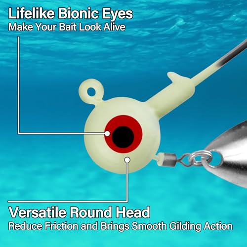 Dr.Fish 10 Pack Underspin Jig Heads Freshwater Swimbait Fishing Jig Spinner Bass Walleye Fishing Hook Colorado Blade Round Bottom Stand up - color: Glow White, size: 1/16oz