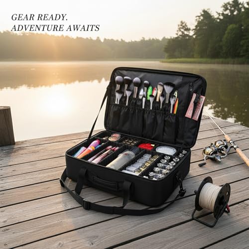 Oxford Cloth Fishing Tackle Bag with Dividers, Portable Lure & Hook Storage Case for Anglers, Black - size: 16.93 x 12.2 x 6.69 in