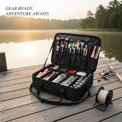 Oxford Cloth Fishing Tackle Bag with Dividers, Portable Lure & Hook Storage Case for Anglers, Black - size: 16.93 x 12.2 x 6.69 in