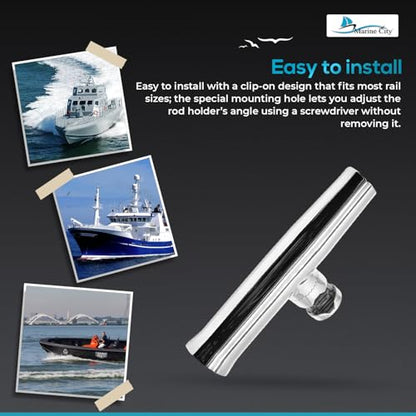 MARINE CITY Clamp-On Fishing Rod Holder, Heavy Duty 304 Stainless Steel Adjustable Mount, Corrosion Resistant for Boats, Ships & Yachts