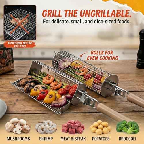 2-Pack Rolling Grill Basket with Easy-Open Latch & Detachable Wooden Handle, 304 Stainless Steel Vegetable Grill Basket Set for Outdoor BBQ Veggies Fish Meat - Gift for Men Dad Husband