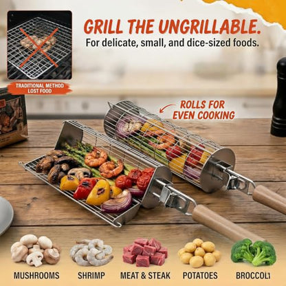 2-Pack Rolling Grill Basket with Easy-Open Latch & Detachable Wooden Handle, 304 Stainless Steel Vegetable Grill Basket Set for Outdoor BBQ Veggies Fish Meat - Gift for Men Dad Husband