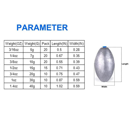 Egg Shape Fishing Sinker Oval Drop Shot Bass Fishing Weight Casting Sinkers for Saltwater Freshwater (20Pcs 5g) - size: Size10-10Pcs-Egg Sinker-40G