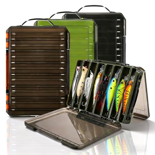 3 Pack Double Sided Fishing Lure Tackle Box, 14 Compartments Clear Plastic Storage Case Organizer, Visible Hard Bait Container for Lures and Jewelry Beads Earring Hook (3 Color)