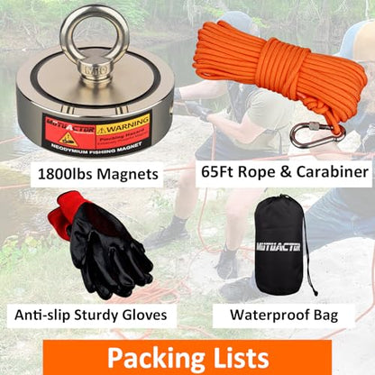 MUTUACTOR Fishing Magnet Kit,1800lbs Double Sided Fishing Magnets Heavy Duty,Φ3.7''Permanent Neodymium Magnet with 65Ft Salvage Rope Sturdy Gloves Bag for Retrieval and Recovery of Treasure - style: 1800lb Magnet(Double Sided)--Φ 3.7"