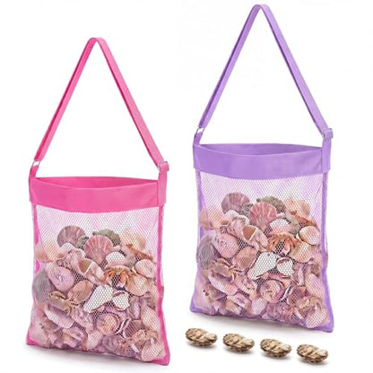 VioraWhite 2 Pcs Extra Large 14 x 16inch Clam Mesh Chum Beach Bags for Seashells Clams Treasures Sand Away Foldable Shell Collection Bags with Adjustable Straps (Pink,Purple) - color: Pink,Purple