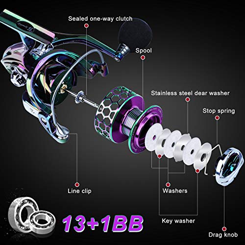 Sougayilang Colorful Fishing Reel 13 +1 BB Light Weight Ultra Smooth Powerful Spinning Reels, with CNC Line Management Graphite Frame, for Freshwater - size: LY2000