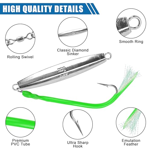 Saltwater Fishing Lures Diamond Jigs,3PCS Flat Metal Casting Jigging Spoon Baits with Teasers J Hooks for Surf Fishing Bluefish Striper Tuna Salmon Freshwater - color: Green, size: 10oz - 3pcs