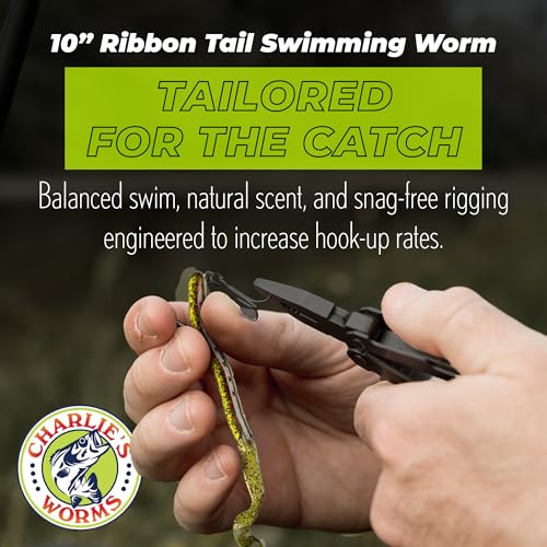 Charlie's Worms 10" Ribbon Tail Soft Plastic Worms for Bass Fishing, Freshwater & Saltwater Lures, Scented Swim Bait, Texas Rigged, Weedless, Large & Smallmouth, White Firetail, 6-Pack - color: Black Green Red Glitter