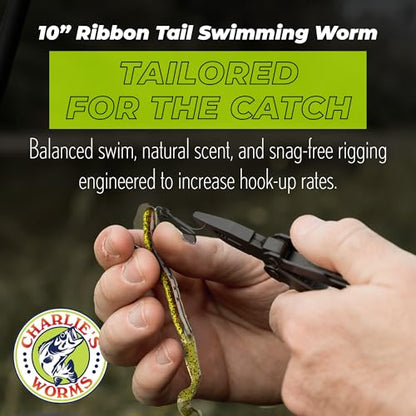 Charlie's Worms 10" Ribbon Tail Soft Plastic Worms for Bass Fishing, Freshwater & Saltwater Lures, Scented Swim Bait, Texas Rigged, Weedless, Large & Smallmouth, White Firetail, 6-Pack - color: Black Green Red Glitter