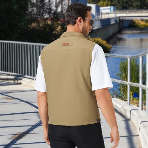 KIWI RATA Mens Casual Lightweight Outdoor Vest Summer Fishing Safari Travel Outerwear Vests Cargo Utility Jacket - color: Khaki, size: XX-Large