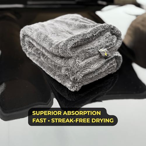 Sleek Max Dry 2000GSM Car Drying Towel 20x31, Grey | Ultra-plush twist-loop microfiber, maximum absorption, soft on paint, double-sided, cars, trucks, SUVs & full-vehicle drying - color: Charcoal Grey
