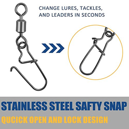 Fishing Swivels Snap, Rolling Barrel Swivels Fishing Tackle, Stainless Steel Safty Duo Lock Snaps Leader Line Lure Connector Freshwater Saltwater - size: 6#(40lb)-50pcs