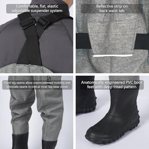 BASSDASH 3D Boot Foot Game Wader Ultra High Strength Nylon PVC Fishing Hunting Chest Waders for Men - color: Heather Grey
