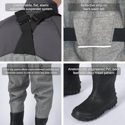 BASSDASH 3D Boot Foot Game Wader Ultra High Strength Nylon PVC Fishing Hunting Chest Waders for Men - color: Heather Grey