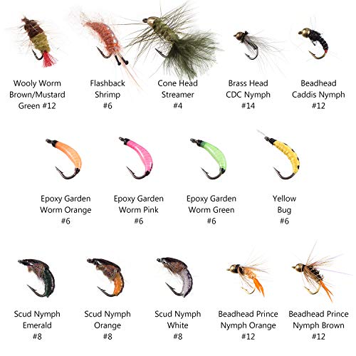 BASSDASH Fly Fishing Flies Kit Fly Assortment Trout Bass Fishing with Fly Box with Dry/Wet Flies, Nymphs, Streamers, Popper - style: 76 Pcs Assorted Trout Flies Kit