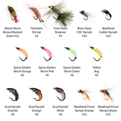 BASSDASH Fly Fishing Flies Kit Fly Assortment Trout Bass Fishing with Fly Box with Dry/Wet Flies, Nymphs, Streamers, Popper - style: 76 Pcs Assorted Trout Flies Kit