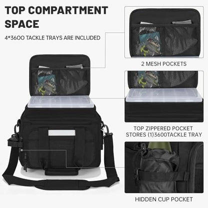 Fishing Tackle Bags with 4 * 3600 Tackle Boxes - Saltwater & Freshwater Compatible, Water Resistant & Durable Fishing Bags with Padded Shoulder Strap-Pliers and Gear Storage (Black) - color: Black, style: With 4 Tackle Boxes