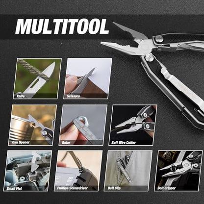 FLISSA 16-in-1 Multi Tool with G10 Handle, Gifts for Men Dad, Stainless Steel EDC Multitool with Pocket Knife, Pliers, Belt Clip and Oxford Sheath, Self-locking Utility Multi-Tool for Camping Outdoor