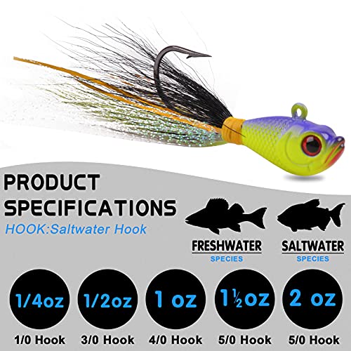 Bucktail Jigs Saltwater Fishing Lures Bucktail Fishing Jigs Surf Fishing Lure Swimbait Jig Heads Hook for Bass Walleye Flounder Striper 1/4oz 1/2oz 1oz 1.5oz 2oz - size: 1/4oz-5pcs