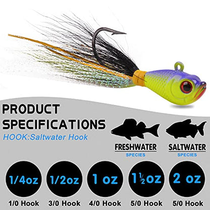 Bucktail Jigs Saltwater Fishing Lures Bucktail Fishing Jigs Surf Fishing Lure Swimbait Jig Heads Hook for Bass Walleye Flounder Striper 1/4oz 1/2oz 1oz 1.5oz 2oz - size: 1/4oz-5pcs