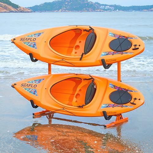 VEVOR Kayak Storage Rack, Heavy Duty Adjustable Freestanding Stand with Lockable Wheels for Indoor Outdoor Garage Shed Dock, Holder for Canoe, SUP, Surfboard & Paddleboard - style: Freestanding-2 Kayaks-orange