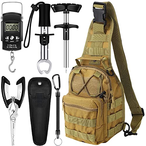 Hungdao 7 Pcs Fishing Backpack with Fishing Tool Kit Fish Gear Pliers Equipment Include Hook Remover Backpack Pliers Kit Scale Gripper Weigh Separator Fish Gifts for Men Women - color: Khaki