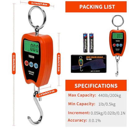 Digital Crane Scale 300kg/660lbs 200kg/440lbs with LED Handheld Mini Hanging Scale for Garage Farm Hunting Fishing Etc(200kg/Plastic Shell/Orange) - color: 200kg/Plastic Shell/Orange