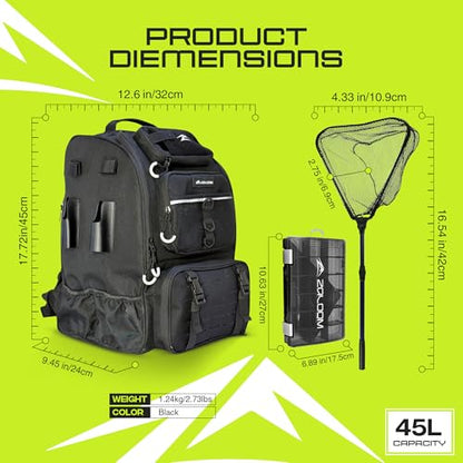 Waterproof Fishing Backpack with Tackle Boxes, Rod Holder & Foldable Net - 45L Fishing Tackle Bag with Trays Included, Extra Storage Gear and Equipment, Rain Cover, Fisherman Gift for Men - color: Large (45 L) - Black
