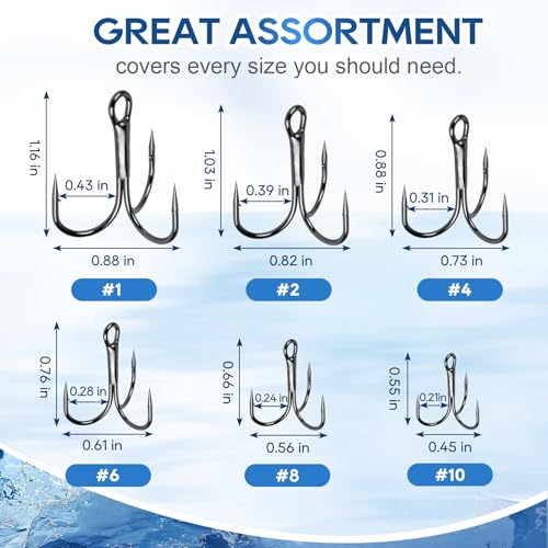 UCEC Fishing Hooks Treble Hooks Kit for Saltwater Freshwater, High Carbon Steel Strong Sharp Round Bend for Catfish Trout Hard Baits Lures, Size #1#2#4#6#8#10#12#14 110/50/210 Pack with Split Rings - style: 150pcs,#1 #2 #4 #6 #8 #10