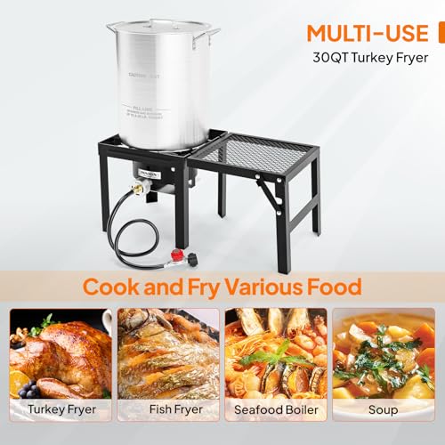 ROVSUN 30QT Turkey Fryer with 55,000BTU Propane Stove, Aluminum Deep Fryer & Seafood Crawfish Boiler Steamer with Basket, Thermometer, Marinade Injector, Turkey Rack & Rack Lifter for Outdoor Cooking - size: 30QT