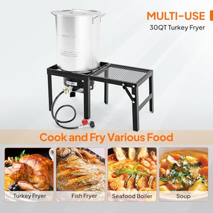 ROVSUN 30QT Turkey Fryer with 55,000BTU Propane Stove, Aluminum Deep Fryer & Seafood Crawfish Boiler Steamer with Basket, Thermometer, Marinade Injector, Turkey Rack & Rack Lifter for Outdoor Cooking - size: 30QT
