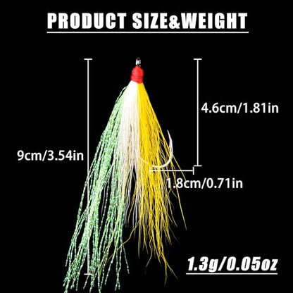 Bucktail Teasers Fishing Hooks Saltwater Flounder Rig Bucktail Mylar Teasers Inserted Fishing Teaser Hooks for Jigs Spoons Lures Hi/Lo Rig Striped Bass Bluefish Flounder Surf Bottom Fishing - color: Yellow-white, size: 12pcs
