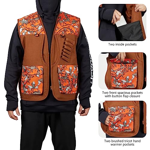 BASSDASH Upland Game Field Water-Resistant Bird Hunting Vest with Multi Pockets Men Women FV11 - color: Brown/Flame Camo, size: 3X-Large