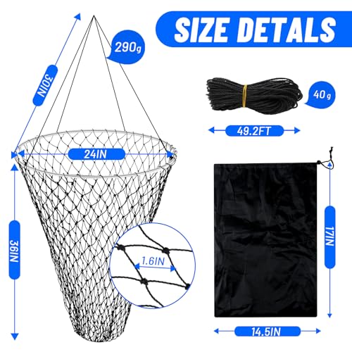Foldable Bridge and Pier Fishing Net for Pier Fishing High Load Drop Net Fish Basket for Saltwater Freshwater Collapsible Basket with 49.2 FT Rope Soft Steel Hoop - size: 24*36inch