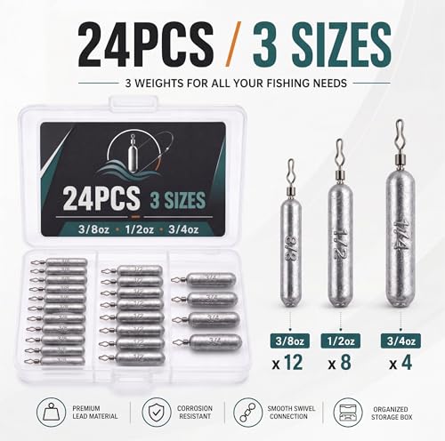 Pencil Drop Shot Weights, 24pcs/36pcs 3 Sizes/5 Sizes Lead Sinkers with Double Wire Loop Swivels, Heavy Rig Sinkers for Deep Water Bass Fishing, Freshwater Drop Shot Rig with Storage Box - size: 24 PCS/ 3 Sizes