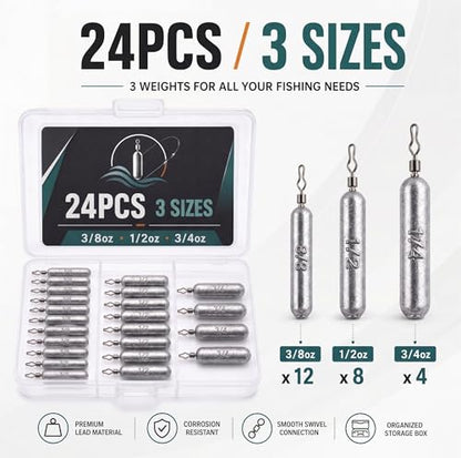Pencil Drop Shot Weights, 24pcs/36pcs 3 Sizes/5 Sizes Lead Sinkers with Double Wire Loop Swivels, Heavy Rig Sinkers for Deep Water Bass Fishing, Freshwater Drop Shot Rig with Storage Box - size: 24 PCS/ 3 Sizes
