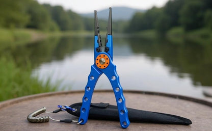 Aluminum Fishing Pliers with Stainless Steel Cutters, 7.9 in, Sawtooth Jaws, Includes Sheath and Lanyard, Classic Blue