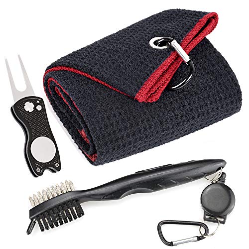 Mile High Life Microfiber Waffle Pattern Golf Towel | Club Groove Cleaner Brush | Foldable Divot Tool with Magnetic Ball Marker (Black w/red Towel/Brush/Fish Divot) - color: Black W/Red Towel/Brush/Fish Divot