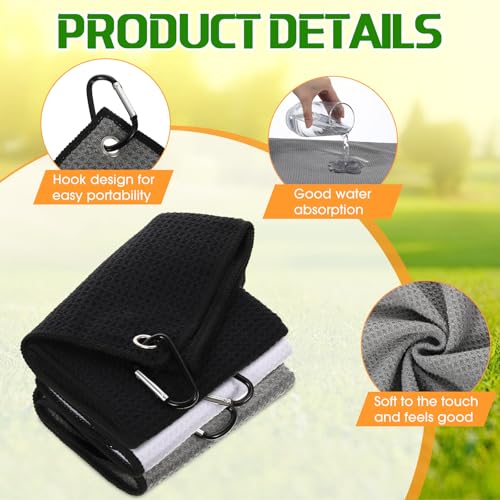 Batiyeer 12 Pcs Golf Towel Bulk for Golf Bags Microfiber Fabric Towel with Clip Waffle Pattern, Fitness, Camping, Hiking, Yoga - color: Black, Grey, White