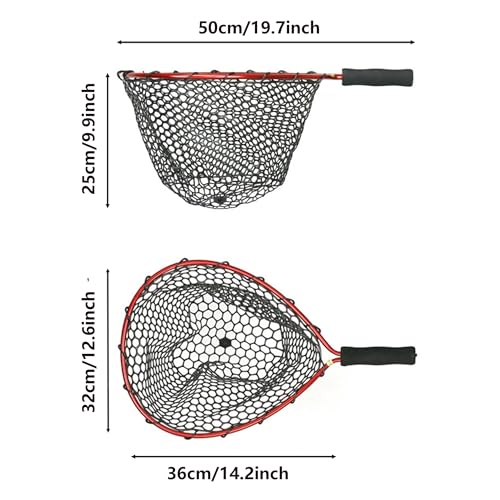 Short Handle Rubber Fishing Landing Net, 19.7" Lightweight Aluminum Frame, Portable EVA Foam Handle Trout Net for Kayak Stream Catch and Release, Hook-Friendly Rubber Netting Landing Net - color: Red
