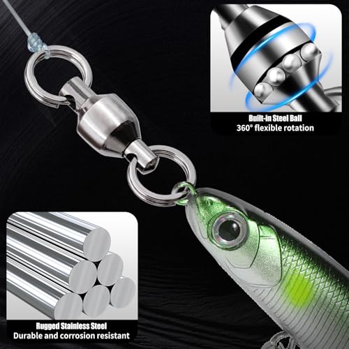 FishTrip 25/50pcs Ball Bearing Swivels with Split Rings for Saltwater | High Strength, Stainless Steel, Ball Bearing Smooth Rotation, Fishing Swivels & Snap Speed Clips Change Connector 0#-8# - size: Size 8_115lbs_25pcs