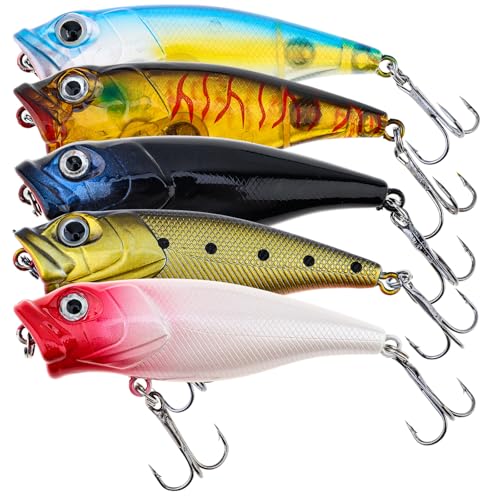 5pcs Fishing Popper Lure, Colorful 3D Eyes Topwater Lures Bass Lures Fishing Hard Baits