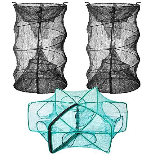 Woanger 3 Pcs Minnow Trap, Include 2 Fishing Bait Trap 1 Cylindrical Hexagon Crab Crawfish Trap, Lobster Shrimp Collapsible Cast Nets Portable Folded Fishing Accessories,12x21.65 Inches