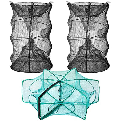 Woanger 3 Pcs Minnow Trap, Include 2 Fishing Bait Trap 1 Cylindrical Hexagon Crab Crawfish Trap, Lobster Shrimp Collapsible Cast Nets Portable Folded Fishing Accessories,12x21.65 Inches