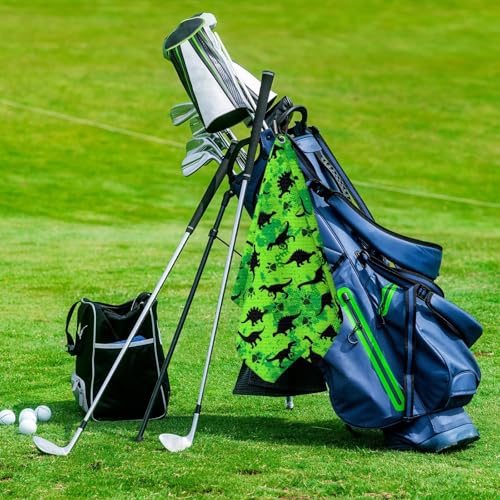 Cute Dinosaurs Golf Towel for Golf's Bags Carts Dinosaur Paws Pattern Golf Towels with Clip Paw Print Waffle Towels Cartoon Green Cleaning Cloth 2 Packs for Men Golfer, Birthday Present - color: Green Black
