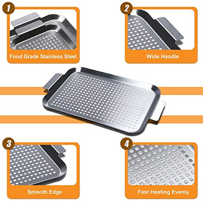 Grill Pan Set of 2, BBQ Grill Topper for Outdoor Grill, Stainless Steel Grilling Baskets with Holes and Handles, Perforated Food Tray Barbecue Accessories for Vegetable, Fish, Meat, Seafood